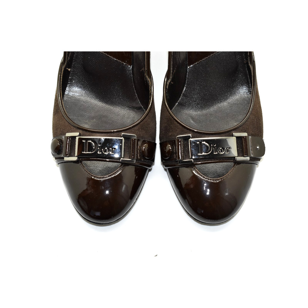 Auth CHRISTIAN DIOR Button Escarp 7 Marron Moyen Leather Button Strap Pump Sz 37 - Picture 5 of 7